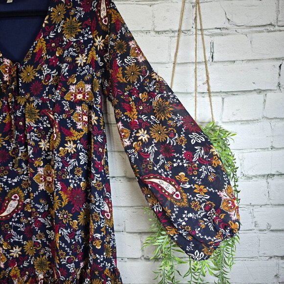 JODIFL NAVY WITH FLORAL AND PAISLEY PRINT, LINED, BISHOP SLEEVE VNECK RUFFLE SM - Picture 4 of 7